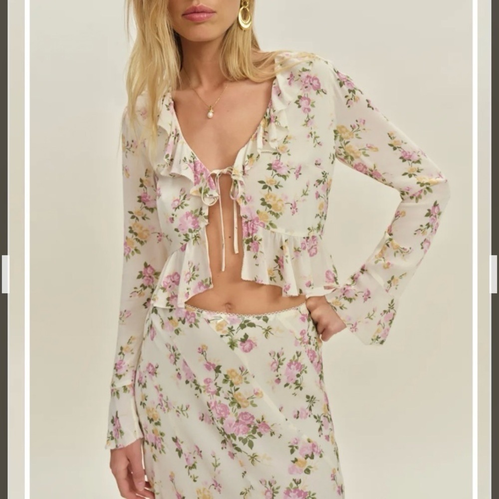 Reformation Julie Two Piece long sleeve top w/ matching midi skirt in Posy Sz 4 - Picture 3 of 16